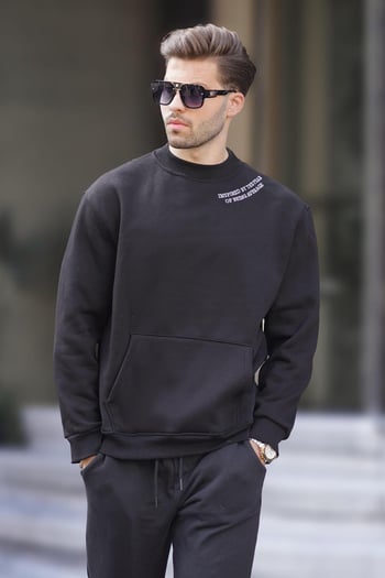 Siyah Bisiklet Yaka Nakış Detaylı Cepli Erkek Sweatshirt 7049