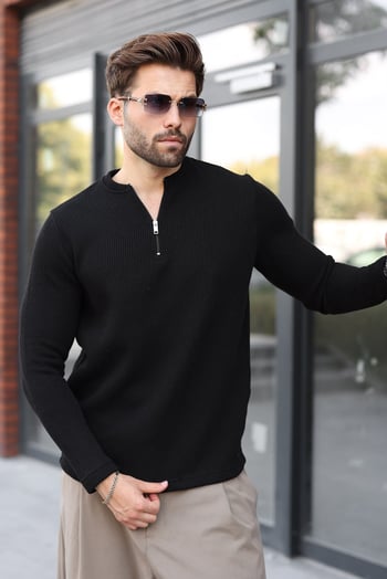 Siyah Bisiklet Yaka Fermuar Detaylı Erkek Triko Sweatshirt E7209