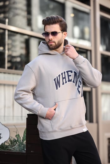 Boyalı Gri Kapüşonlu Baskılı Cep Detaylı Erkek Sweatshirt E7065