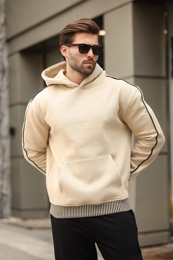 Bej Kapüşonlu Kanguru Cep Erkek Sweatshirt E7163