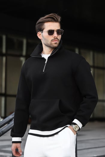 Siyah Fermuarlı Dik Yaka Kanguru Cep Erkek Sweatshirt E7159