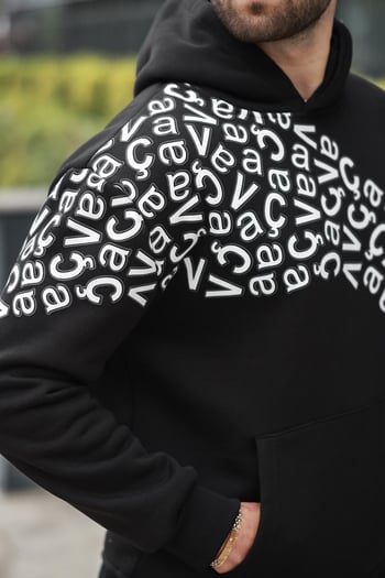 Siyah Baskılı Kapüşonlu Erkek Sweatshirt E7160