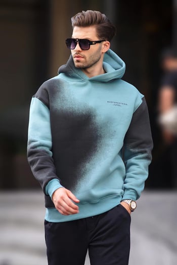 Mavi Baskılı Kapşonlu Soluk Kumaşlı Oversize Erkek Sweatshirt 7051