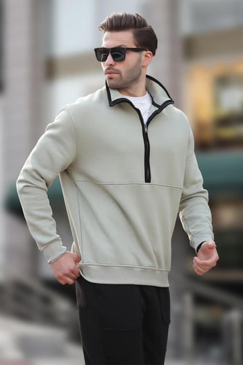 Çağla Yeşili Dik Yaka Yarım Fermuarlı Sweatshirt 7079