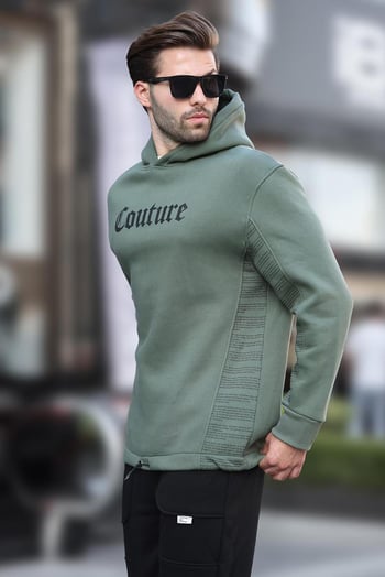 Haki Kapüşonlu Cep Detaylı Baskılı Erkek Sweatshirt 7090