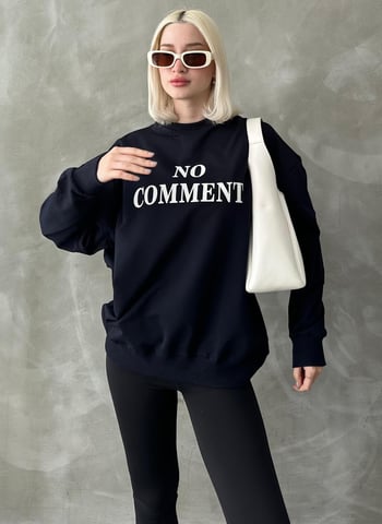 Lacivert Bisiklet Yaka Baskılı Oversize Kadın Sweatshirt MG1902