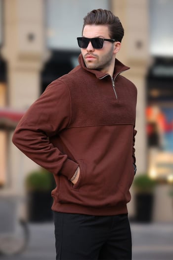 Acı Kahverengi Dik Yaka Yarım Fermuarlı Polar Sweatshirt 7096