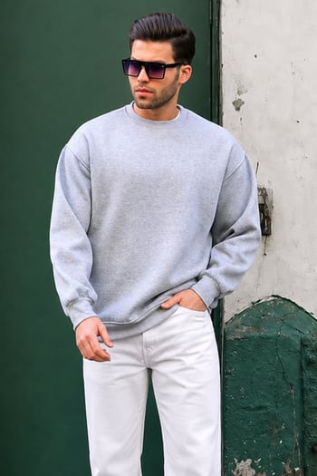 Grimelanj Bisiklet Yaka Oversize Şardonlu Basic Erkek Sweatshirt 6048