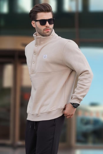 Bej Dik Yakalı Düğme Detaylı Erkek Sweatshirt 7060