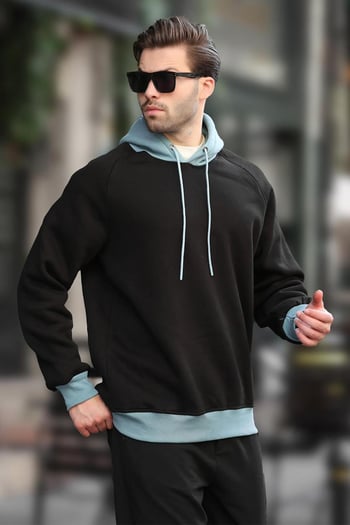 Siyah Renk Bloklu Kapüşonlu Sweatshirt 7073