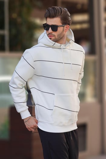 Ekru Kapüşonlu Cep Detaylı Çizgili Erkek Sweatshirt 7063
