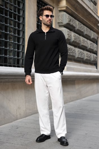 Siyah Dik Yaka Yarım Fermuarlı Erkek Sweatshirt E7211