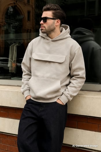 Boyalı Gri Kapüşonlu Kapaklı Cep Detaylı Polar Erkek Sweatshirt 7097