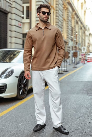 Vizon Yarım Fermuarlı Polo Yaka Dokulu Erkek Sweatshırt E7197