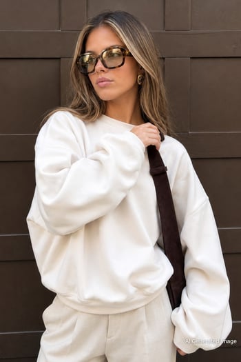 Ekru Bisiklet Yaka Basic Sweatshirt MG2185