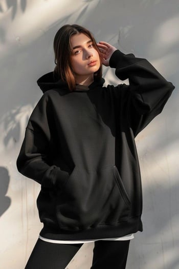 Siyah Kapüşonlu Şardonlu Oversize Cepli Sweatshirt MG2206