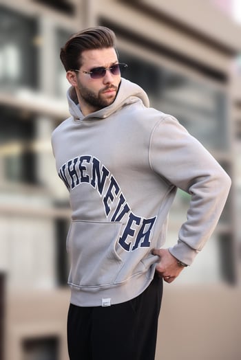 Boyalı Gri Kapüşonlu Baskılı Cep Detaylı Erkek Sweatshirt E7065