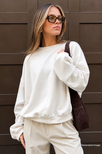 Ekru Bisiklet Yaka Basic Sweatshirt MG2185