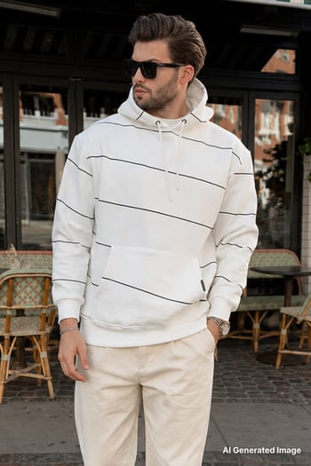Ekru Kapüşonlu Cep Detaylı Çizgili Erkek Sweatshirt 7063