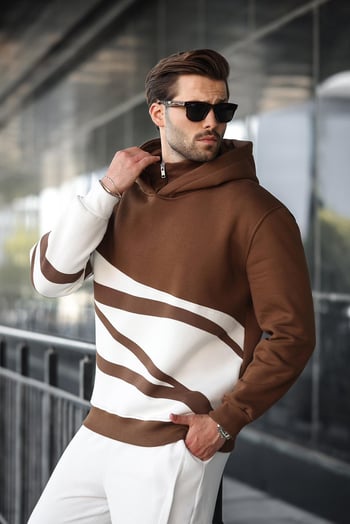 Kahverengi Kapüşonlu Fermuar Yaka Desenli Erkek Sweatshirt E7162