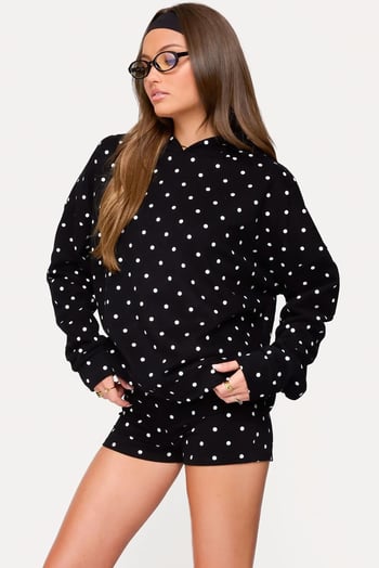 Siyah Puantiyeli Kapüşonlu Kadın Sweatshirt Mg2560