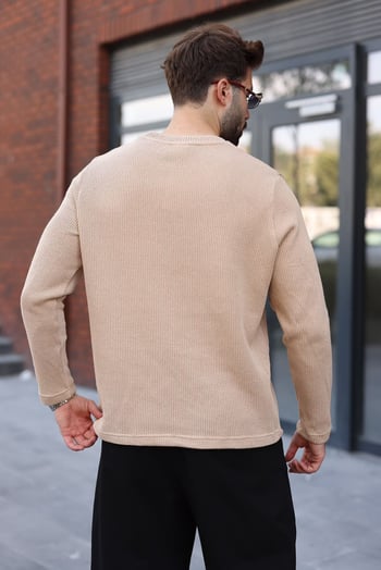 Bej Bisiklet Yaka Fermuar Detaylı Erkek Triko Sweatshirt E7209