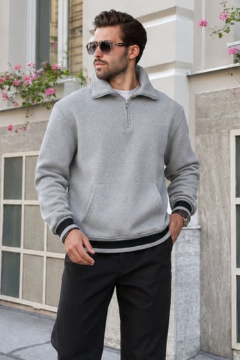 Grimelanj Fermuarlı Dik Yaka Kanguru Cep Erkek Sweatshirt E7159