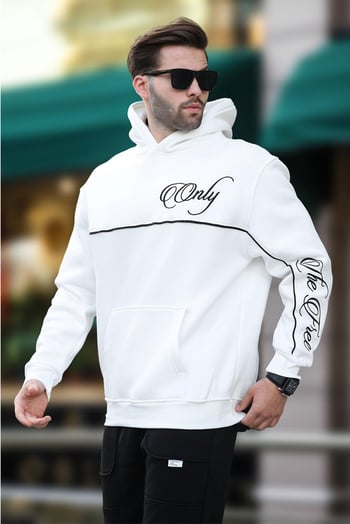Ekru Kapüşonlu Şerit Detaylı Baskılı Erkek Sweatshirt 7091