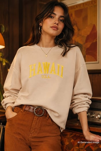Bej Bisiklet Yaka Baskılı Sweatshirt MG1922
