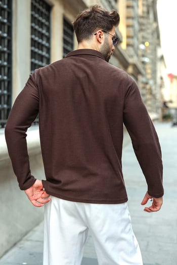 Acı Kahve Gömlek Yaka Dokulu Regular Fit Erkek Sweatshirt E7203
