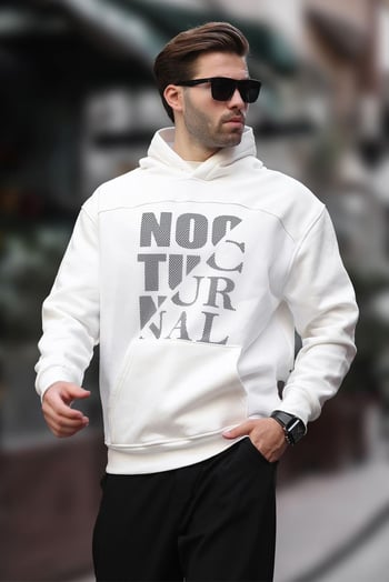 Ekru Baskılı Kapüşonlu Cep Detaylı Erkek Sweatshirt 7062
