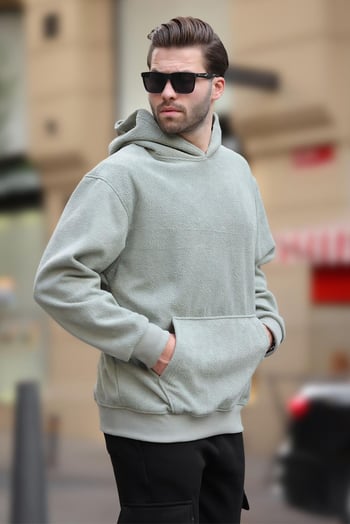 Çağla Yeşili Kapüşonlu Cep Detaylı Polar Erkek Sweatshirt 7093