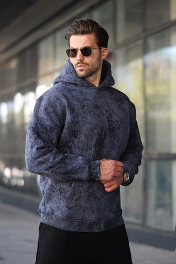 Lacivert Desenli Kapüşonlu Erkek Sweatshirt E7167