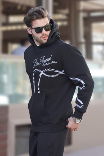 Siyah Baskılı Kapşonlu Cep Detaylı Erkek Sweatshirt 7067