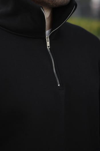 Siyah Fermuarlı Dik Yaka Kanguru Cep Erkek Sweatshirt E7159