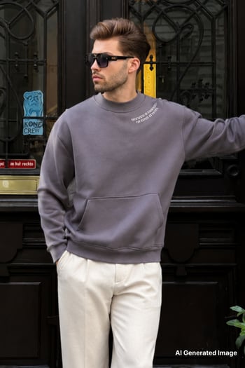 Füme Bisiklet Yaka Nakış Detaylı Cepli Erkek Sweatshirt 7049