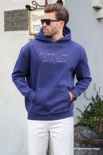 Lacivert Kapüşonlu Cep Detaylı Baskılı Erkek Sweatshirt 7064