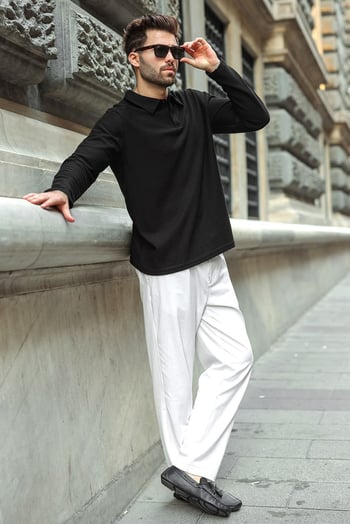 Siyah Gömlek Yaka Dokulu Regular Fit Erkek Sweatshirt E7203