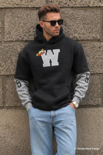 Siyah Nakışlı Kapüşonlu Sweatshirt 6141
