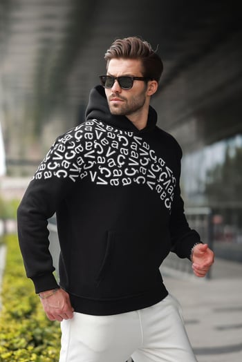 Siyah Baskılı Kapüşonlu Erkek Sweatshirt E7160