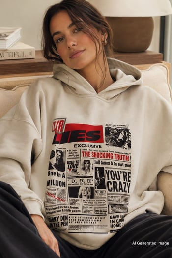 Beige Printed Oversize Hoodie Sweatshirt MG1581