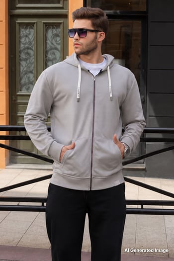 Boyalı Gri Fermuarlı Kapüşonlu Sweatshirt 6161