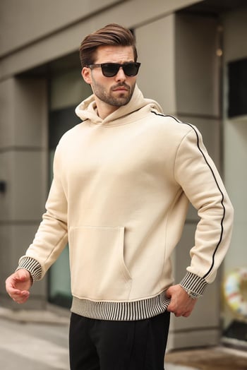 Bej Kapüşonlu Kanguru Cep Erkek Sweatshirt E7163