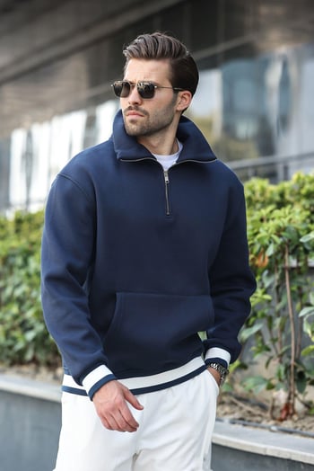 Lacivert Fermuarlı Dik Yaka Kanguru Cep Erkek Sweatshirt E7159