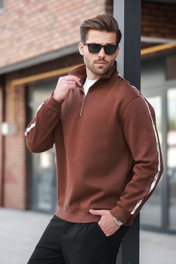 Acı Kahverengi Fermuarlı Yarım Balıkçı Yaka Erkek Sweatshirt E7164