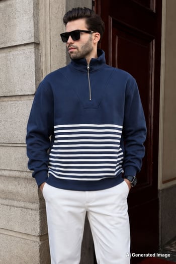 Lacivert Fermuar Yakalı Çizgili Sweatshirt 7056