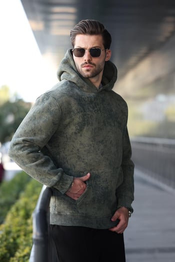 Haki Desenli Kapüşonlu Erkek Sweatshirt E7167