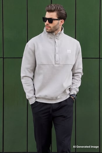 Boyalı Gri Dik Yakalı Düğme Detaylı Erkek Sweatshirt 7060