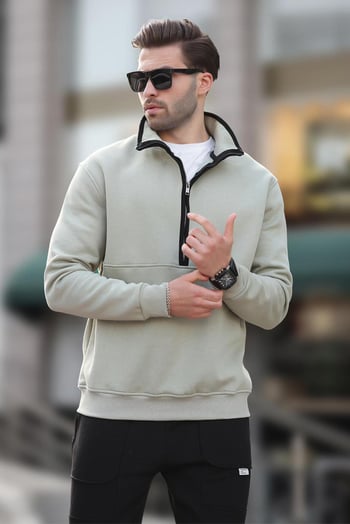 Çağla Yeşili Dik Yaka Yarım Fermuarlı Sweatshirt 7079