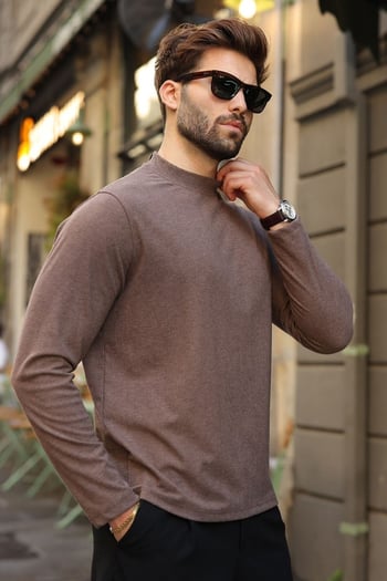 Kahverengi Yarım Balıkçı Yaka Slim Fit Erkek Sweatshirt E7202